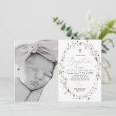 ワイルドフラワーパープルガール写真バプテスマ招待状 招待状 (スタンド正面)