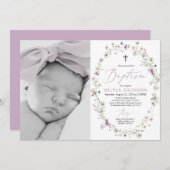 ワイルドフラワーパープルガール写真バプテスマ招待状 招待状 (正面/裏面)