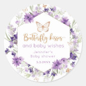 ワイルドフラワーパープルバタフライキスベビースシャワー ラウンドシール (正面)