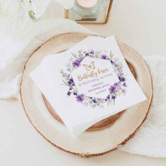 ワイルドフラワーパープルバタフライキス誕生日 スタンダードカクテルナプキン