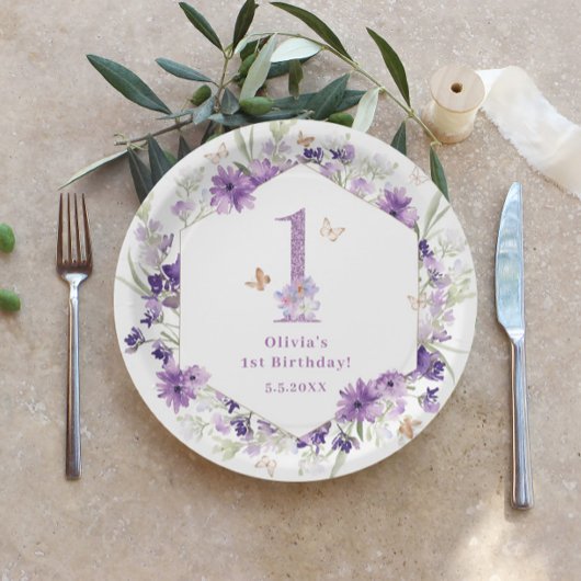 ワイルドフラワーパープルバタフライ1st誕生日パーティー ペーパープレート