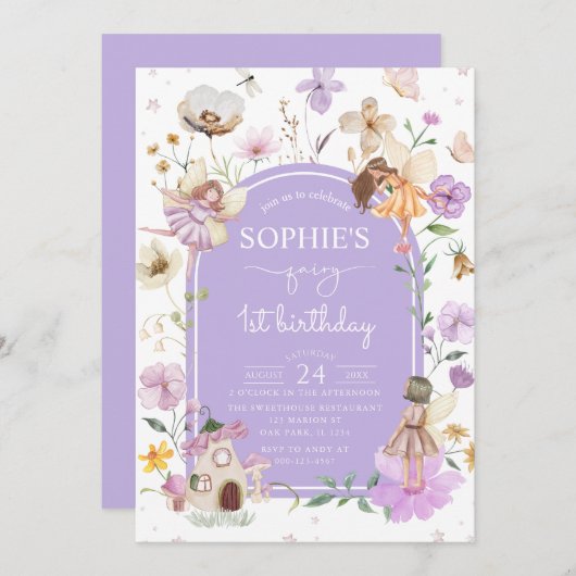 ワイルドフラワーパープルフェアリー1st誕生日パーティー 招待状 (正面/裏面)