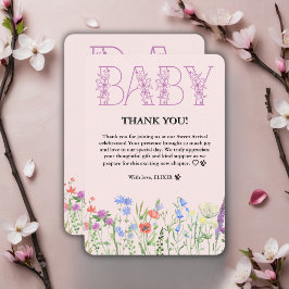 ワイルドフラワーパープルフローラベビーモノグラムベビーシャワー サンキューカード