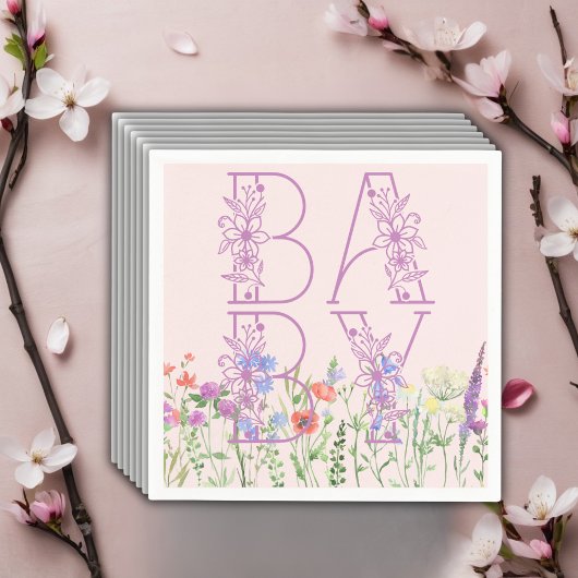 ワイルドフラワーパープルフローラベビーモノグラムベビーシャワー スタンダードカクテルナプキン