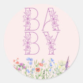 ワイルドフラワーパープルフローラベビーモノグラムベビーシャワー ラウンドシール (正面)
