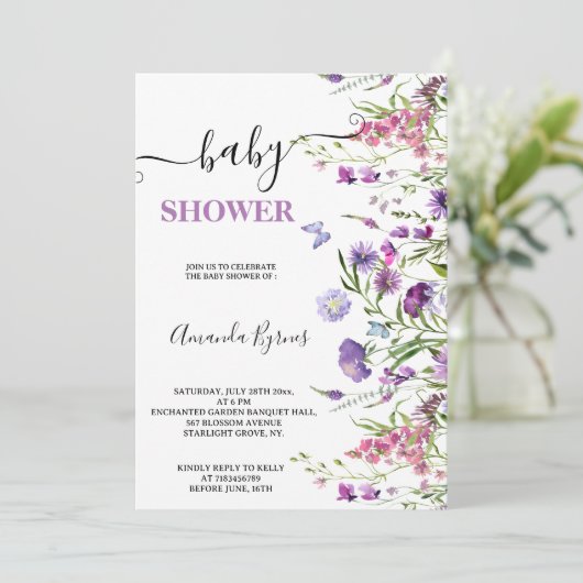 ワイルドフラワーパープルメドウウォーター色ベビーシャワー 招待状 (スタンド正面)