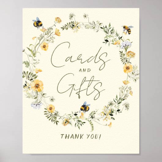 ワイルドフラワービーブライダルシャワーカードとギフトサイン ポスター (正面)