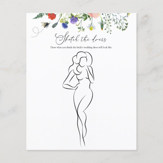 ワイルドフラワービーブライダルシャワーゲームドレスのスケッチ (正面)