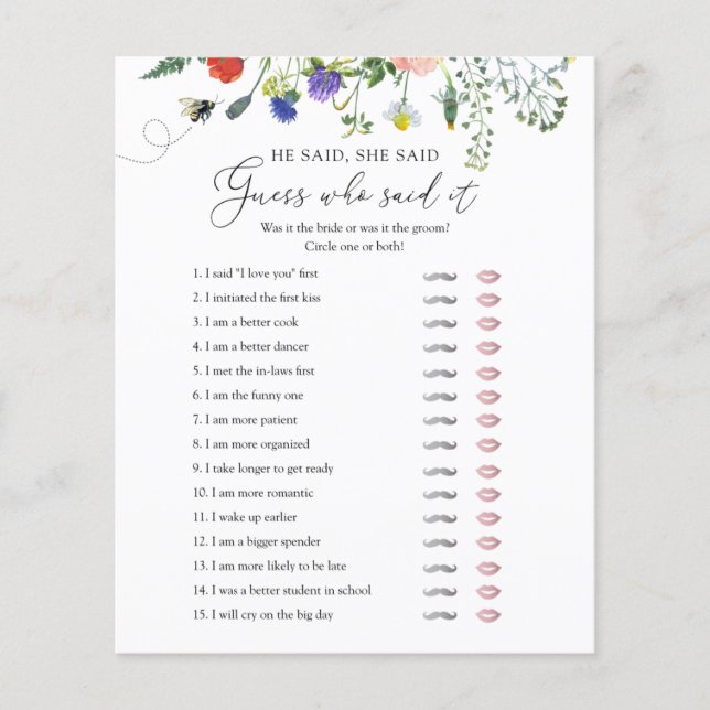 ワイルドフラワービーブライダルシャワーゲーム彼は彼女が言った (正面)