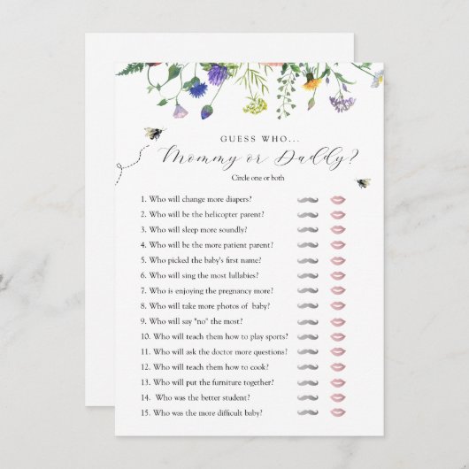ワイルドフラワービー推測誰の赤ちゃんシャワーゲームカード 招待状 (正面/裏面)
