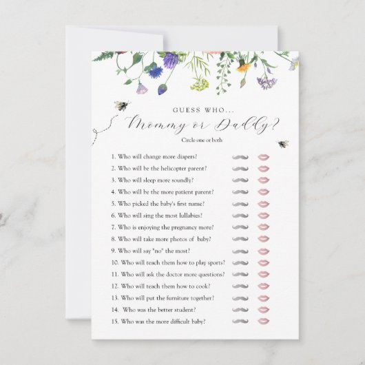ワイルドフラワービー推測誰の赤ちゃんシャワーゲームカード 招待状 (正面)