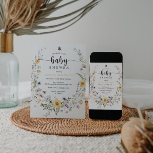 ワイルドフラワービー赤ちゃんシャワー招待状カード 招待状