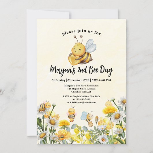 ワイルドフラワービー2ndセカンドビーデイ誕生日 招待状 (正面)