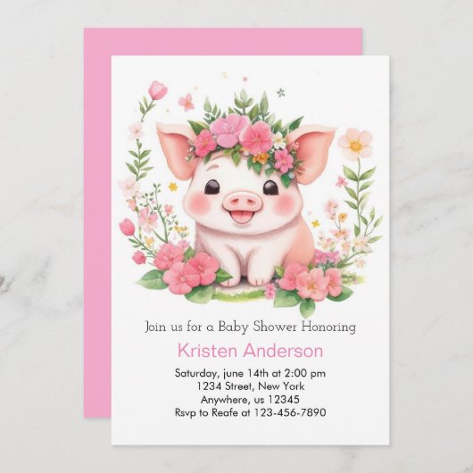 ワイルドフラワーピグレットアドベンチャーガールベビーシャワー 招待状 (正面/裏面)