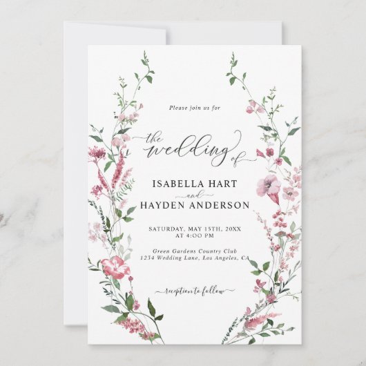 ワイルドフラワーピンクすべてQRコードフローラ結婚 招待状 (正面)