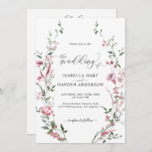 ワイルドフラワーピンクすべてQRコードフローラ結婚 招待状 (正面/裏面)