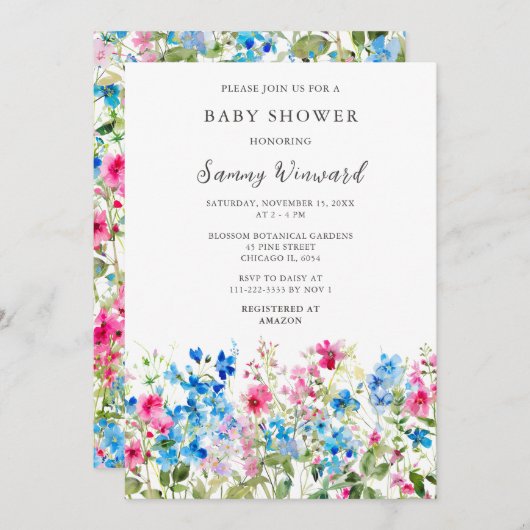 ワイルドフラワーピンクとブルーのフローラ赤ちゃんシャワー 招待状 (正面/裏面)