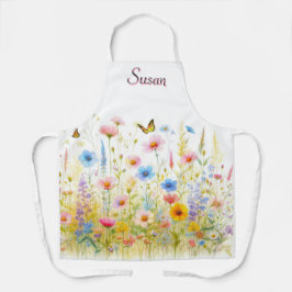 ワイルドフラワーピンクとブルーの花柄エプロン エプロン