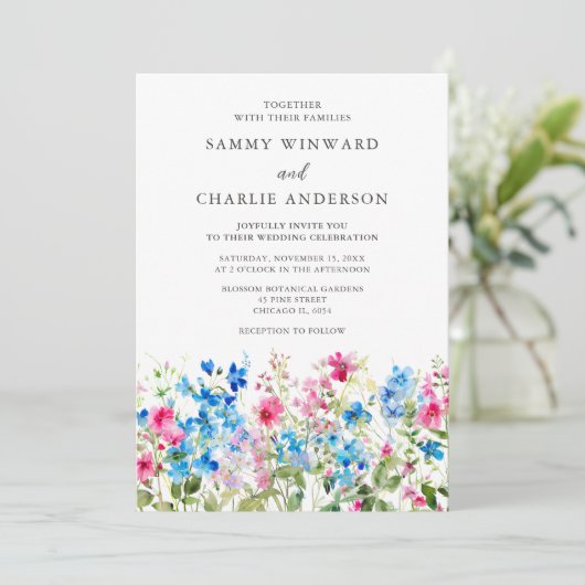ワイルドフラワーピンクとブルー結婚フローラ 招待状 (スタンド正面)