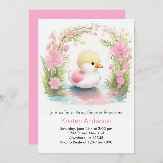 ワイルドフラワーピンクのアヒルの女の子の赤ちゃんシャワー 招待状 (正面/裏面)