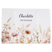 ワイルドフラワーピンクのベージュの花嫁の名前 ラージペーパーバッグ (裏面)