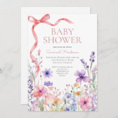 ワイルドフラワーピンクのリボン赤ちゃんシャワー 招待状 (正面/裏面)