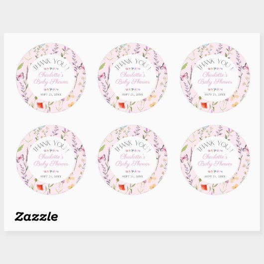 ワイルドフラワーピンクの女の子の赤ちゃんシャワーありがとう ラウンドシール (シート)