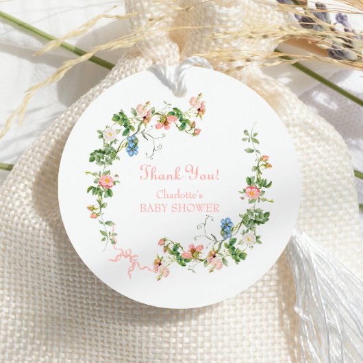 ワイルドフラワーピンクの弓のベビーシャワー フェイバータグ