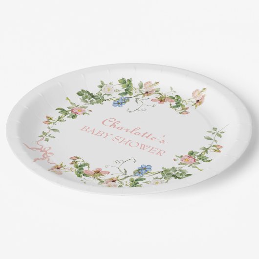 ワイルドフラワーピンクの弓のベビーシャワー ペーパープレート (アングル)