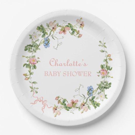 ワイルドフラワーピンクの弓のベビーシャワー ペーパープレート (正面)