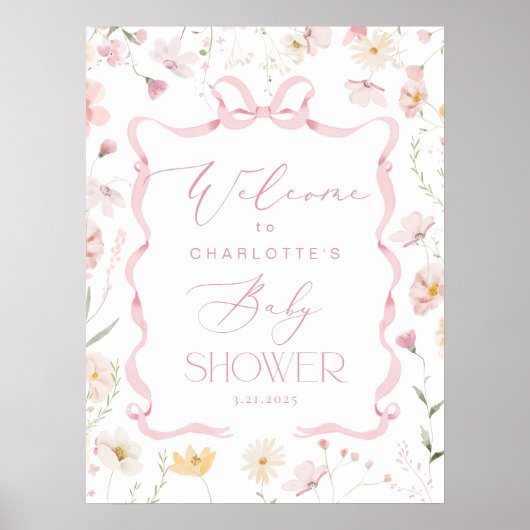 ワイルドフラワーピンクの弓フレーム赤ちゃんシャワーへようこそ ポスター (正面)