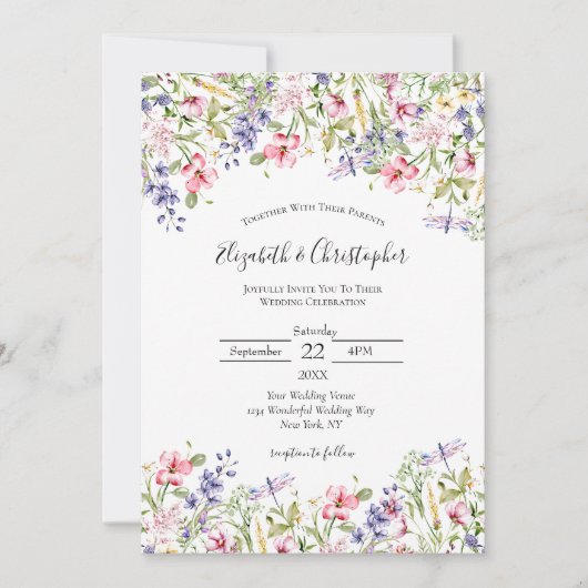 ワイルドフラワーピンクイエローパープルボホモダン結婚ズ 招待状 (正面)