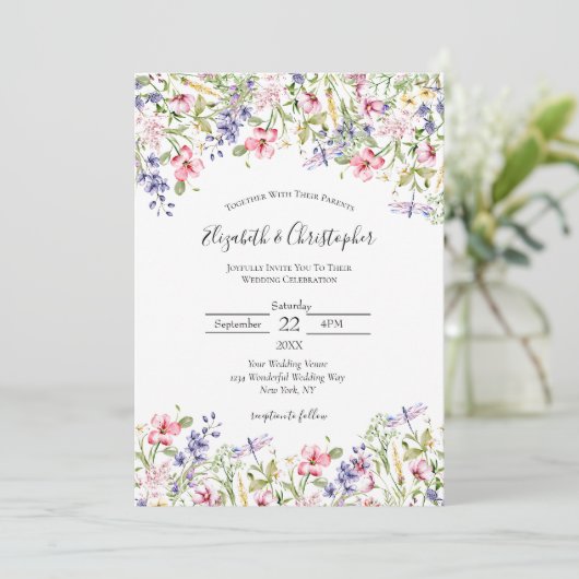 ワイルドフラワーピンクイエローパープルボホモダン結婚ズ 招待状 (スタンド正面)