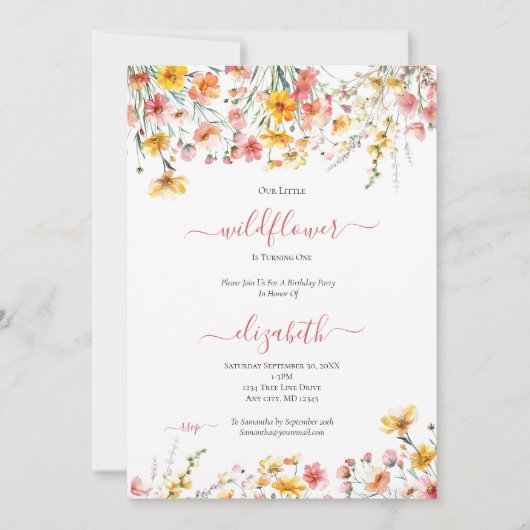 ワイルドフラワーピンクイエローフローラガールズ1st誕生日 招待状 (正面)