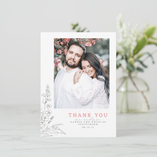 ワイルドフラワーピンクエレガントな結婚式ありがとう写真 サンキューカード (スタンド正面)