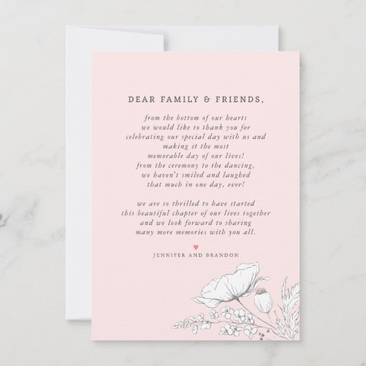 ワイルドフラワーピンクエレガントな結婚式ありがとう写真 サンキューカード (裏面)