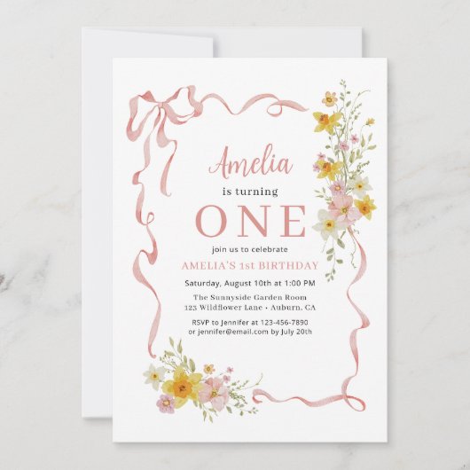 ワイルドフラワーピンクコケットボウ1stバースデーガールズ 招待状 (正面)