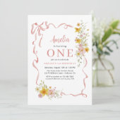 ワイルドフラワーピンクコケットボウ1stバースデーガールズ 招待状
