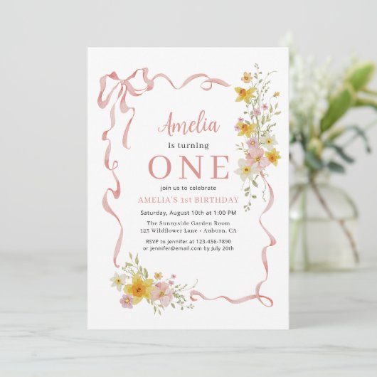 ワイルドフラワーピンクコケットボウ1stバースデーガールズ 招待状 (スタンド正面)