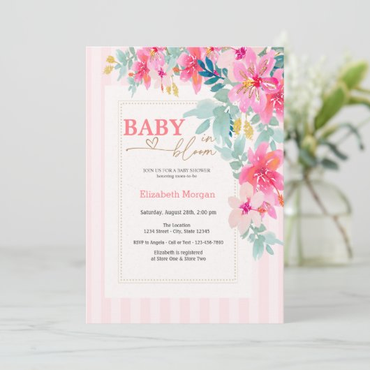 ワイルドフラワーピンクストライプベビーイン開花ベビーシャワー 招待状 (スタンド正面)
