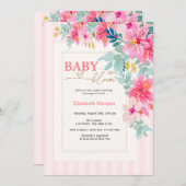 ワイルドフラワーピンクストライプベビーイン開花ベビーシャワー 招待状 (正面/裏面)