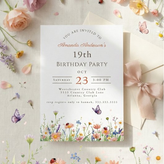 ワイルドフラワーピンクパープルガーデンパーティー19誕生日 招待状