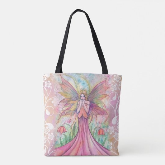 ワイルドフラワーピンクフェアリーファンタジーアートイラストレーション トートバッグ (裏面)