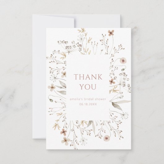 ワイルドフラワーピンクフローラフレームブライダルシャワー サンキューカード (正面)
