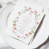 ワイルドフラワーピンクボウエレガントベイビーシャワー 招待状