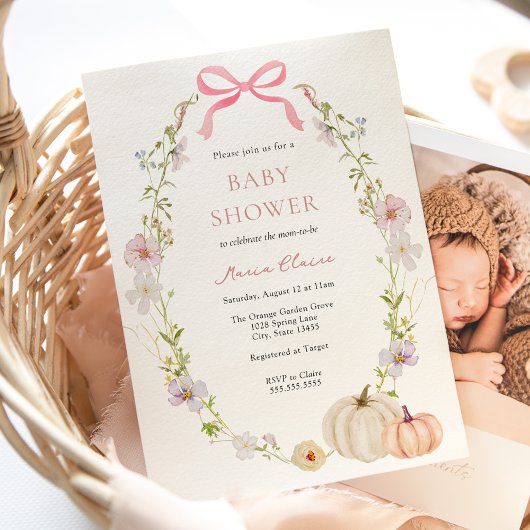 ワイルドフラワーピンクボウカボチャ赤ちゃんシャワー 招待状