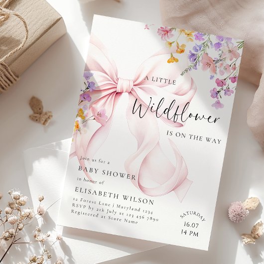 ワイルドフラワーピンクボウベイビーシャワー招待状 招待状