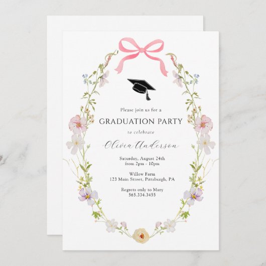 ワイルドフラワーピンクボウ卒業パーティー招待状 招待状 (正面/裏面)