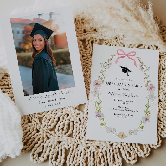 ワイルドフラワーピンクボウ卒業写真パーティー 招待状