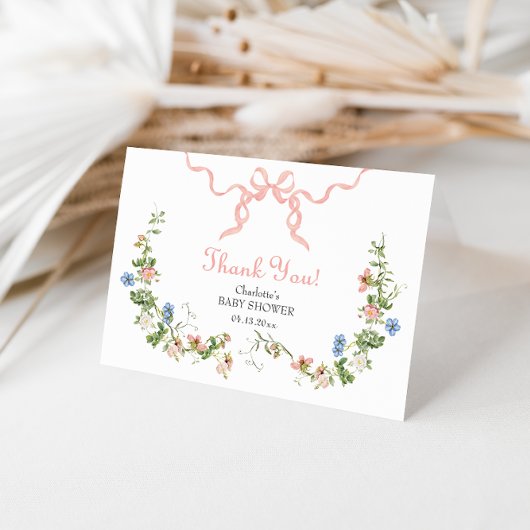 ワイルドフラワーピンクボウ折り畳みサンキューカード サンキューカード